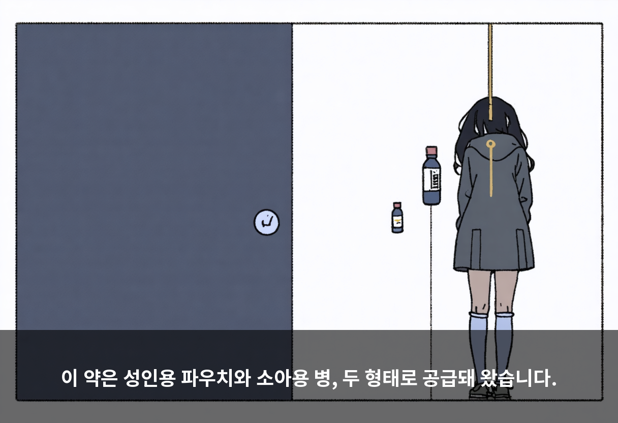 이 약은 성인용 파우치와 소아용 병, 두 형태로 공급돼 왔습니다.