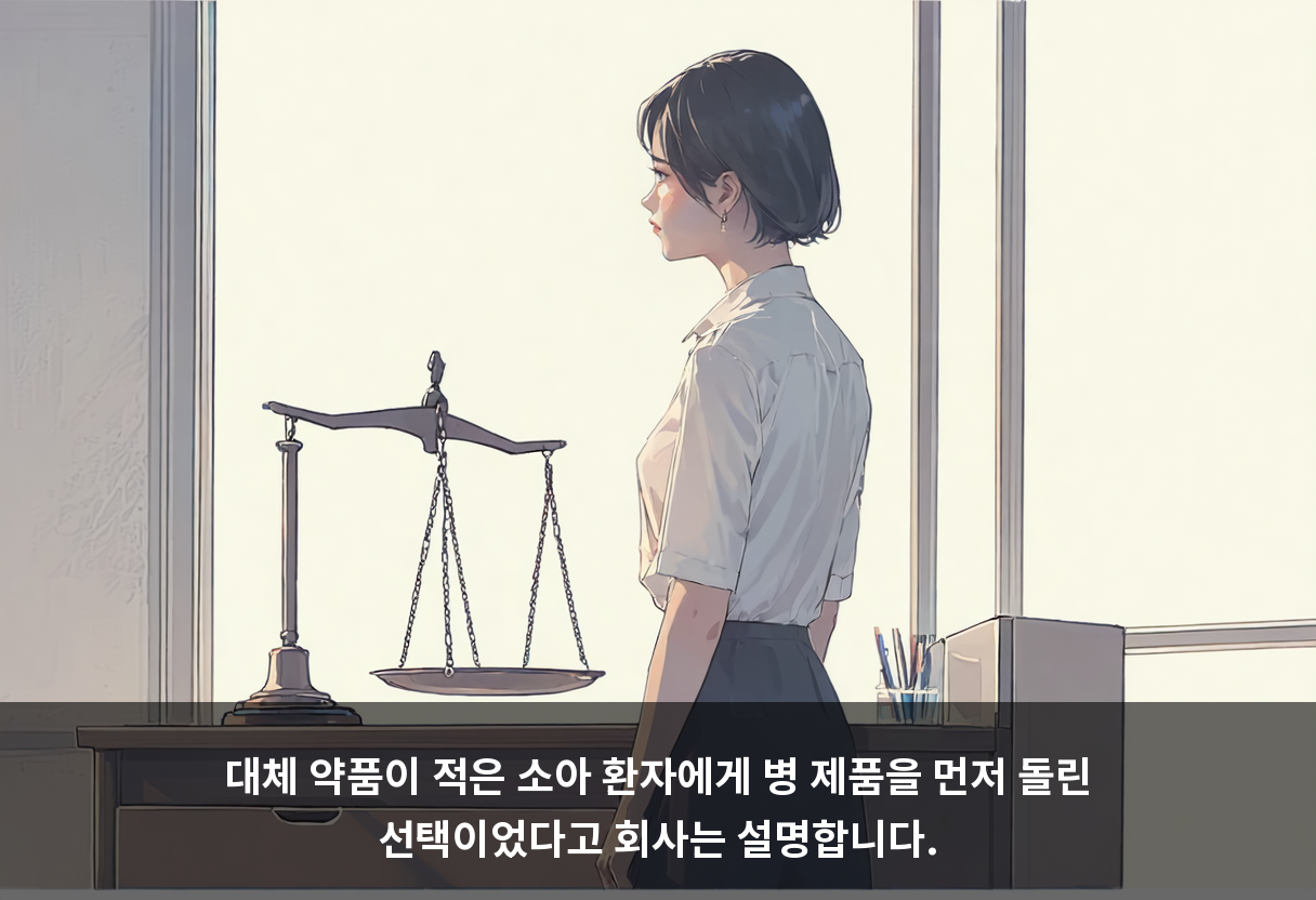 대체 약품이 적은 소아 환자에게 병 제품을 먼저 돌린 선택이었다고 회사는 설명합니다.