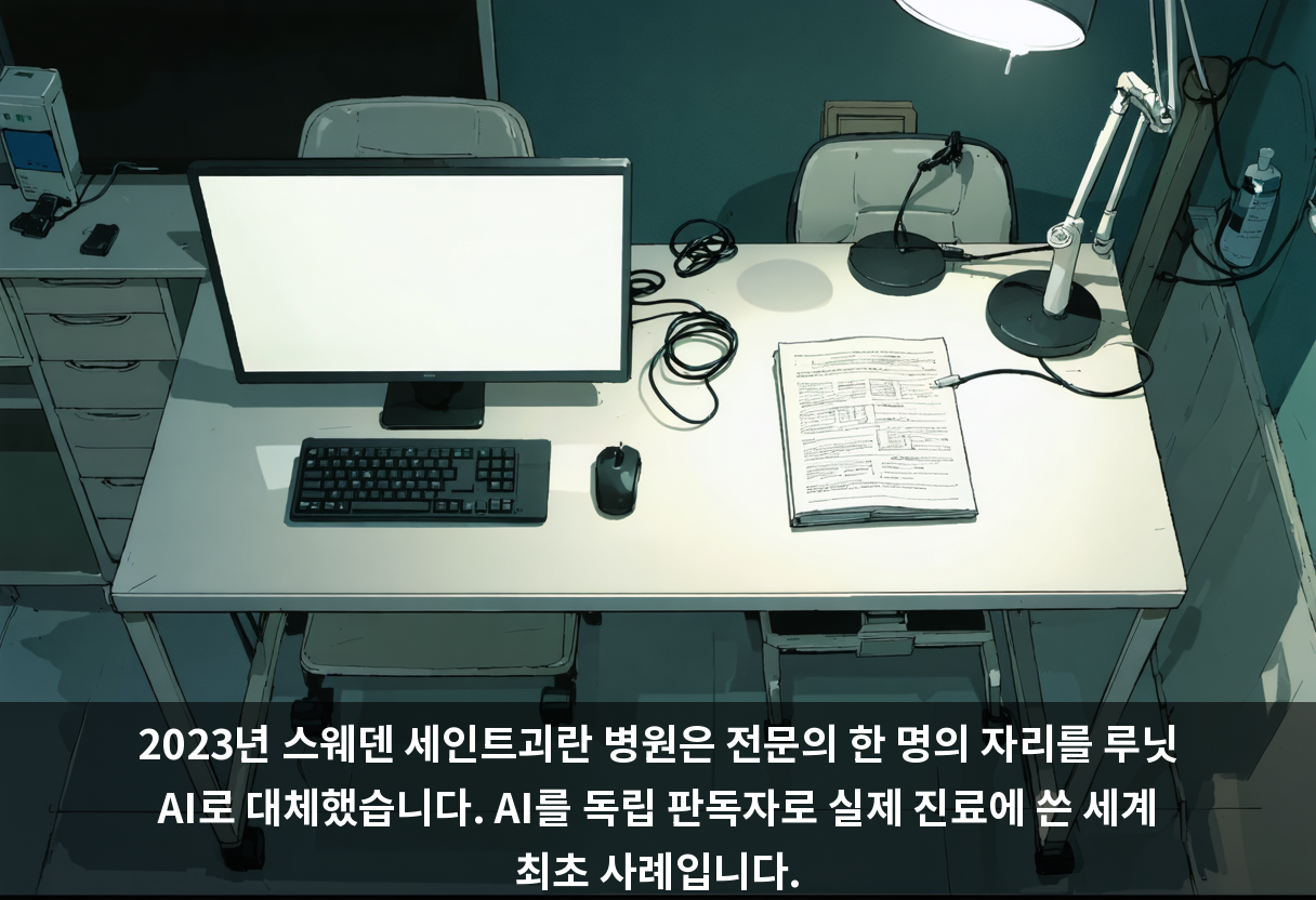 2023년 스웨덴 세인트괴란 병원은 전문의 한 명의 자리를 루닛 AI로 대체했습니다. AI를 독립 판독자로 실제 진료에 쓴 세계 최초 사례입니다.