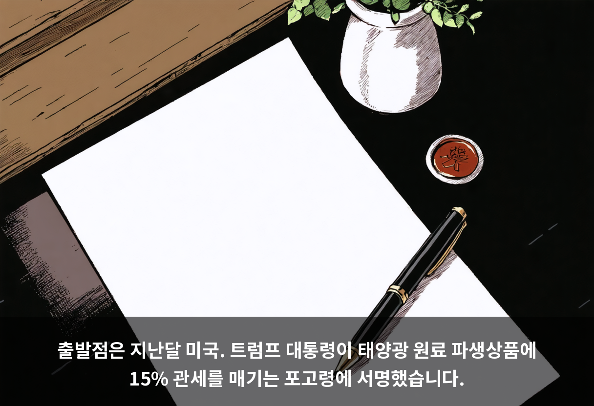 출발점은 지난달 미국. 트럼프 대통령이 태양광 원료 파생상품에 15% 관세를 매기는 포고령에 서명했습니다.