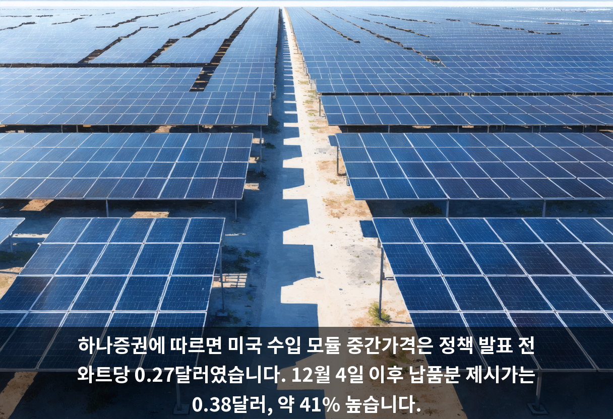 하나증권에 따르면 미국 수입 모듈 중간가격은 정책 발표 전 와트당 0.27달러였습니다. 12월 4일 이후 납품분 제시가는 0.38달러, 약 41% 높습니다.
