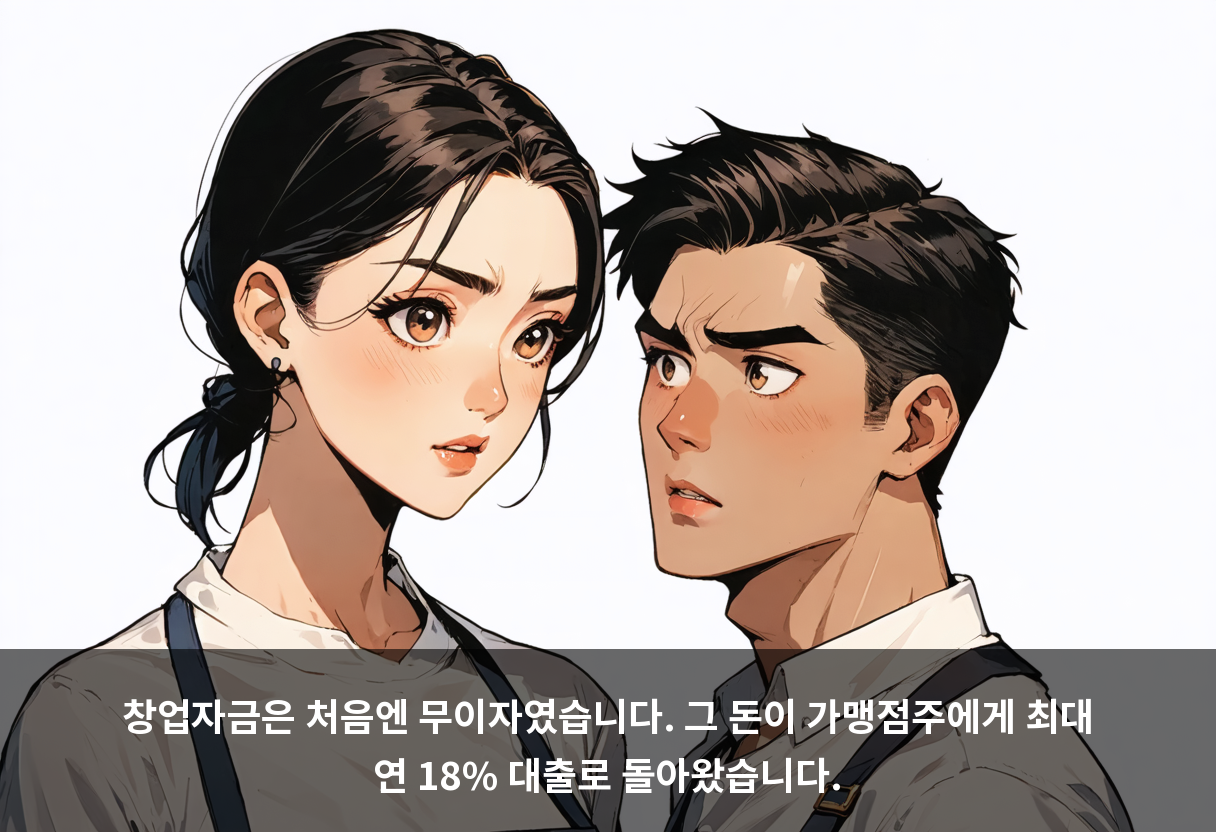창업자금은 처음엔 무이자였습니다. 그 돈이 가맹점주에게 최대 연 18% 대출로 돌아왔습니다.