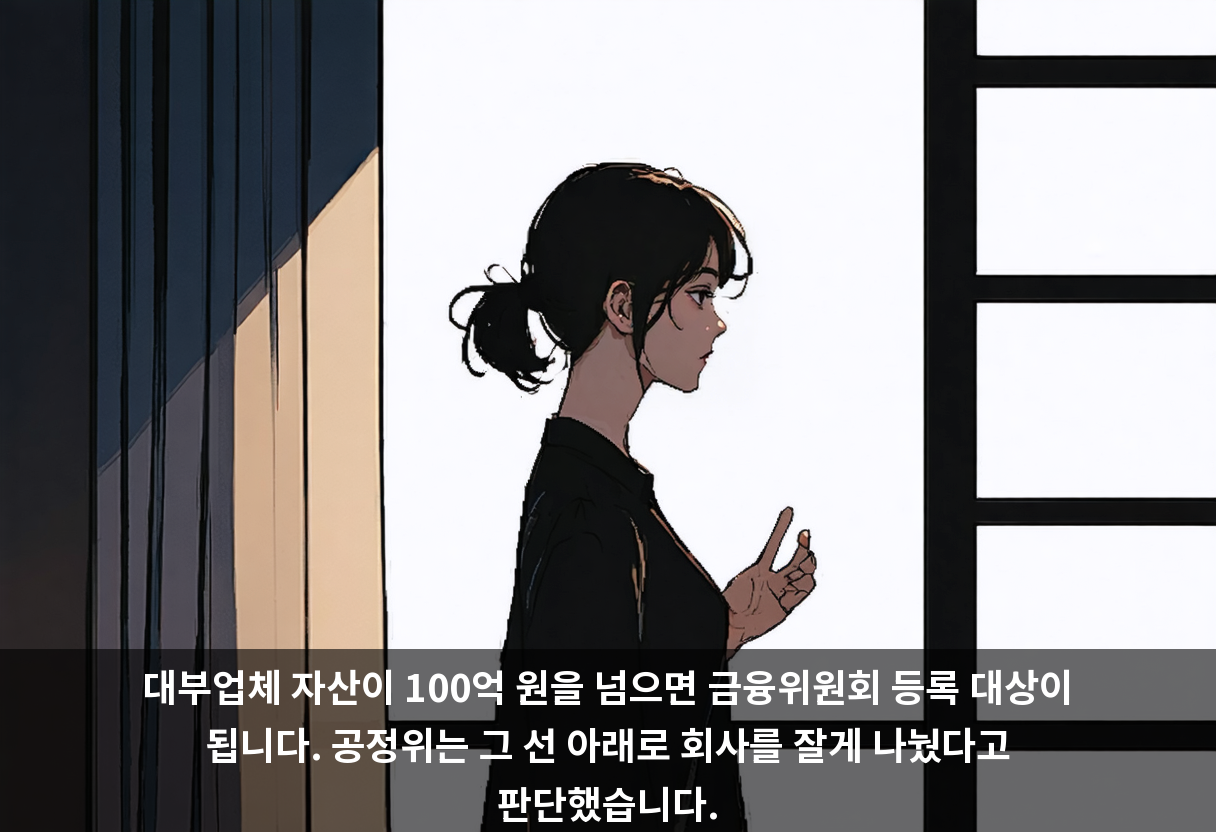 대부업체 자산이 100억 원을 넘으면 금융위원회 등록 대상이 됩니다. 공정위는 그 선 아래로 회사를 잘게 나눴다고 판단했습니다.