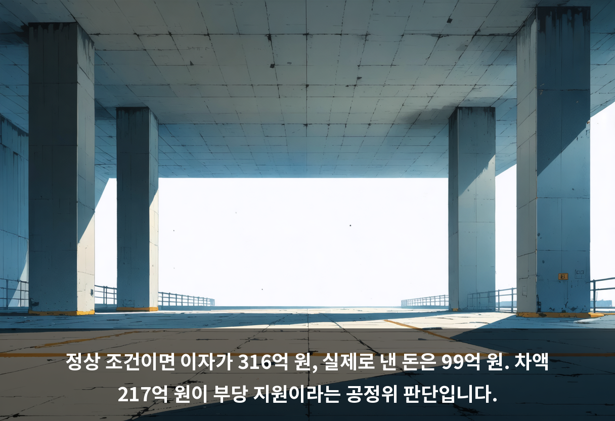 정상 조건이면 이자가 316억 원, 실제로 낸 돈은 99억 원. 차액 217억 원이 부당 지원이라는 공정위 판단입니다.