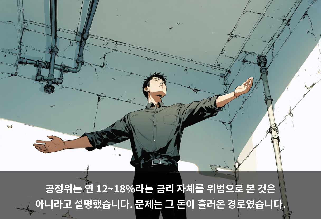 공정위는 연 12~18%라는 금리 자체를 위법으로 본 것은 아니라고 설명했습니다. 문제는 그 돈이 흘러온 경로였습니다.