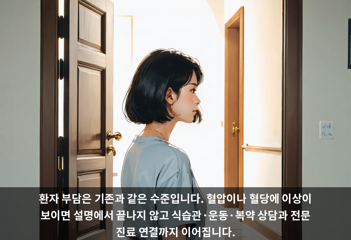 환자 부담은 기존과 같은 수준입니다. 혈압이나 혈당에 이상이 보이면 설명에서 끝나지 않고 식습관·운동·복약 상담과 전문 진료 연결까지 이어집니다.