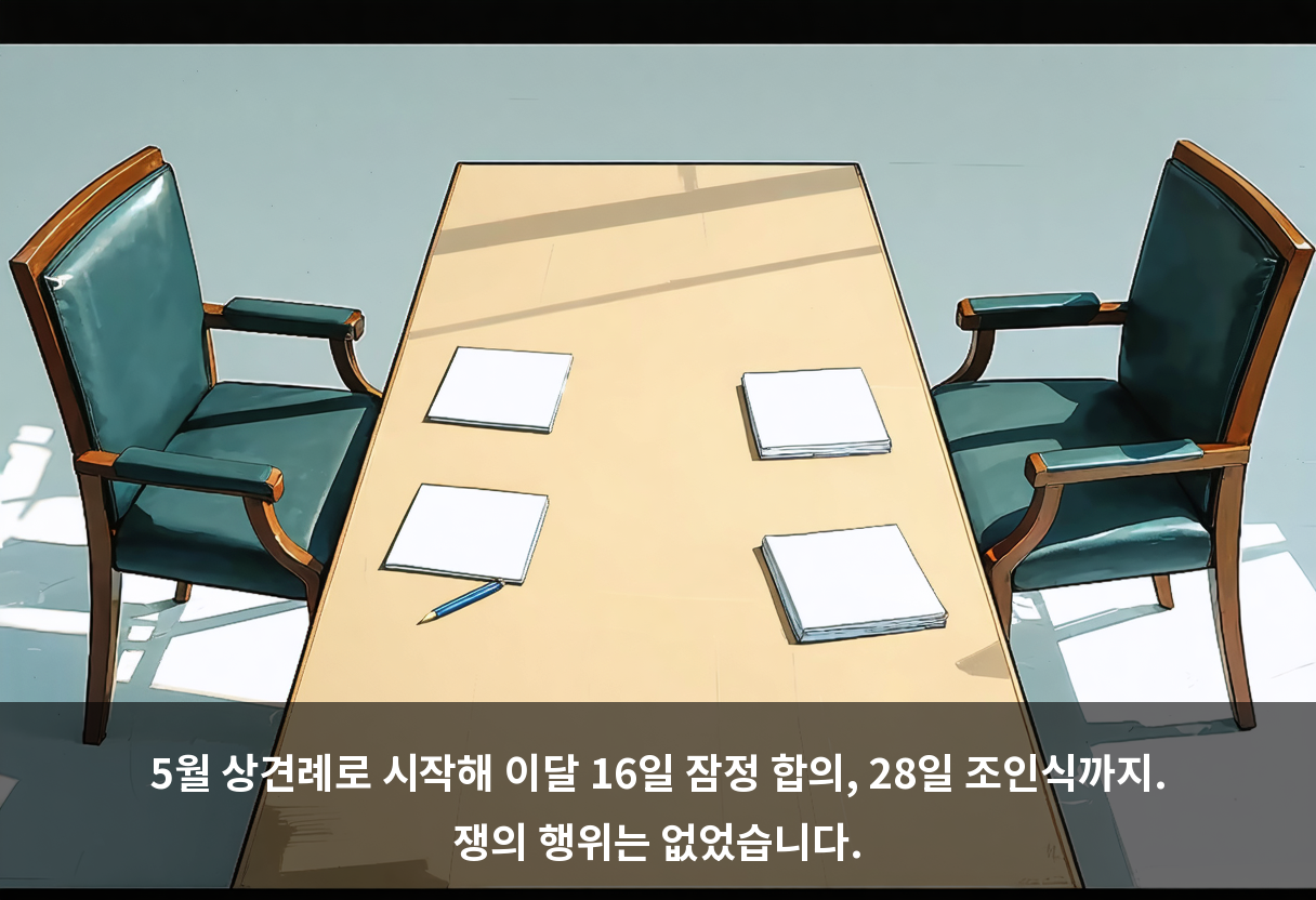 5월 상견례로 시작해 이달 16일 잠정 합의, 28일 조인식까지. 쟁의 행위는 없었습니다.