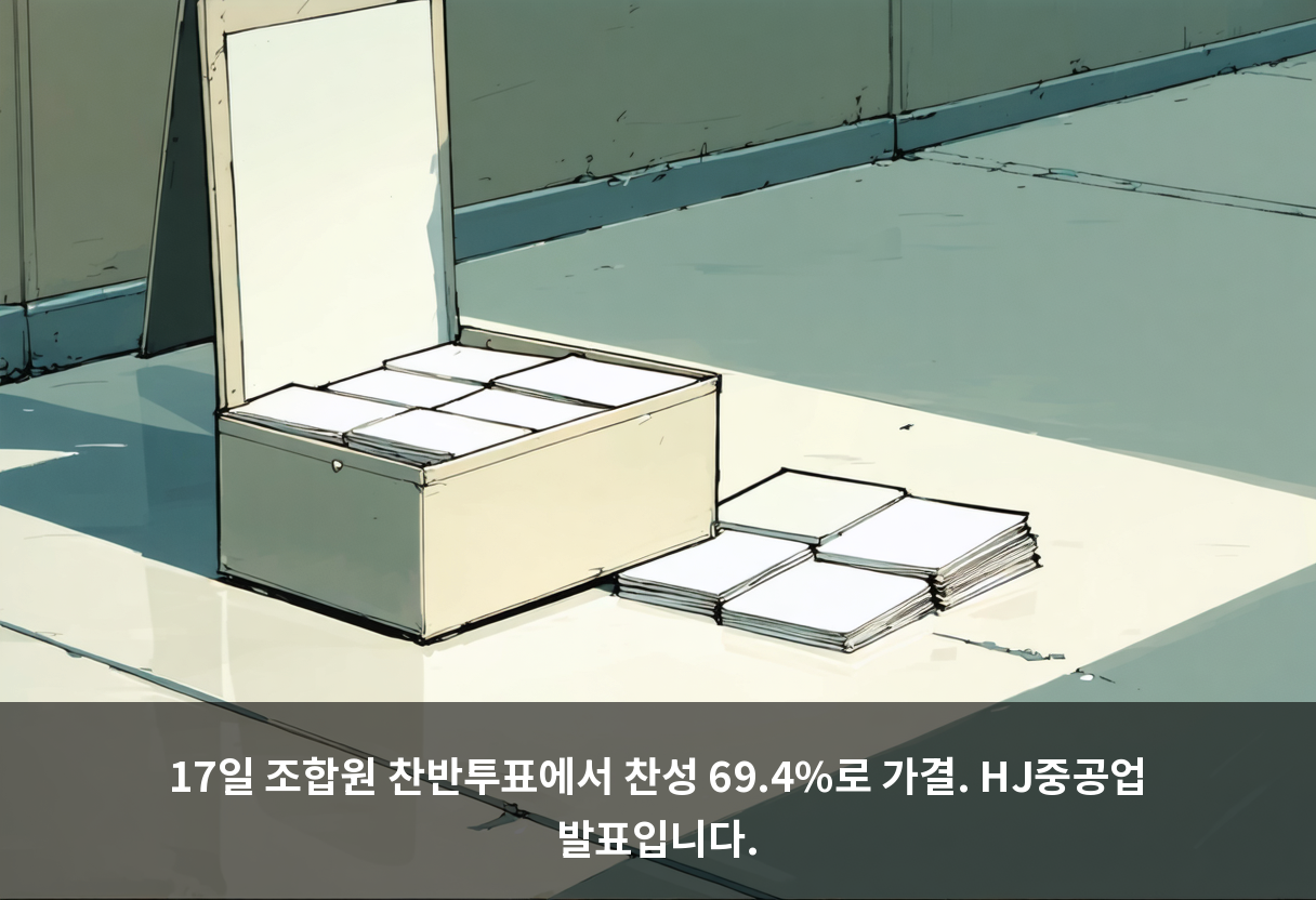 17일 조합원 찬반투표에서 찬성 69.4%로 가결. HJ중공업 발표입니다.