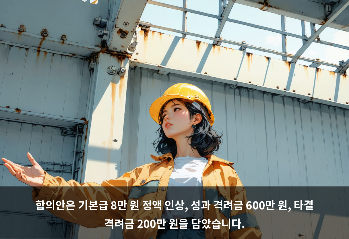합의안은 기본급 8만 원 정액 인상, 성과 격려금 600만 원, 타결 격려금 200만 원을 담았습니다.