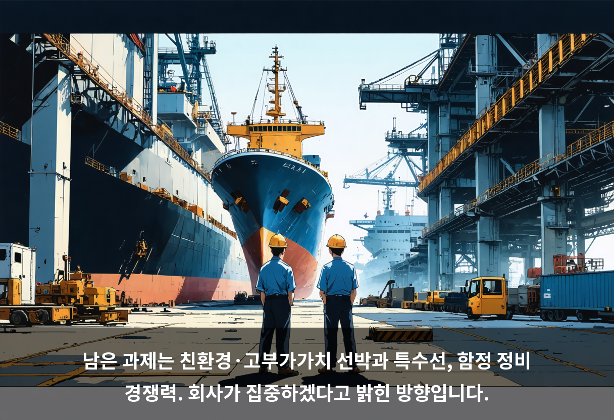 남은 과제는 친환경·고부가가치 선박과 특수선, 함정 정비 경쟁력. 회사가 집중하겠다고 밝힌 방향입니다.