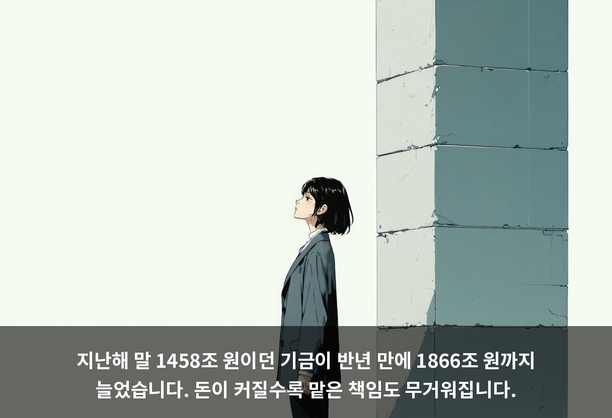 지난해 말 1458조 원이던 기금이 반년 만에 1866조 원까지 늘었습니다. 돈이 커질수록 맡은 책임도 무거워집니다.
