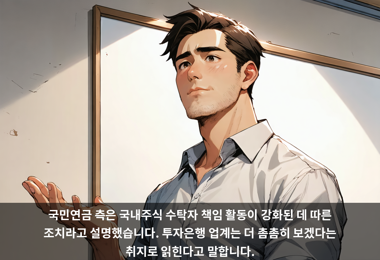 국민연금 측은 국내주식 수탁자 책임 활동이 강화된 데 따른 조치라고 설명했습니다. 투자은행 업계는 더 촘촘히 보겠다는 취지로 읽힌다고 말합니다.