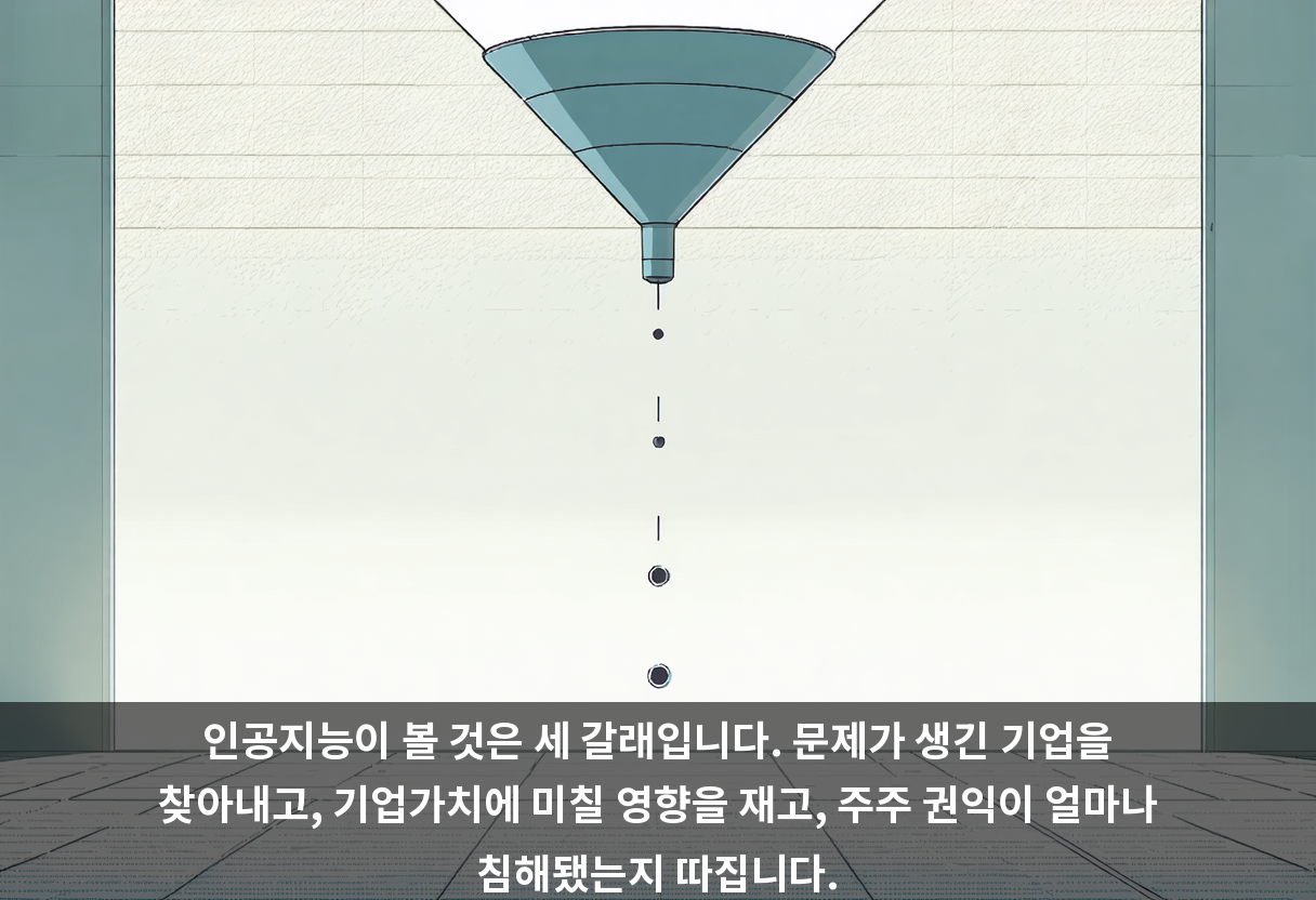 인공지능이 볼 것은 세 갈래입니다. 문제가 생긴 기업을 찾아내고, 기업가치에 미칠 영향을 재고, 주주 권익이 얼마나 침해됐는지 따집니다.