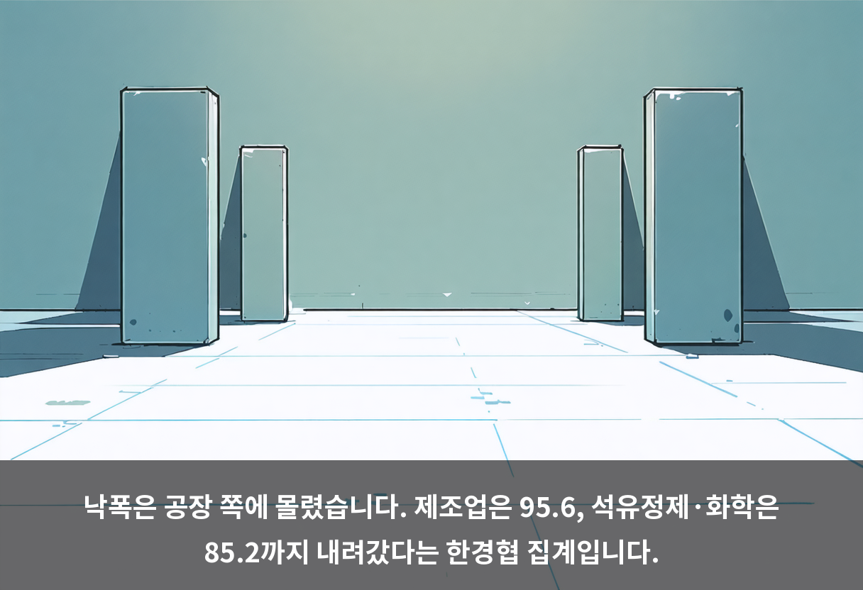 낙폭은 공장 쪽에 몰렸습니다. 제조업은 95.6, 석유정제·화학은 85.2까지 내려갔다는 한경협 집계입니다.