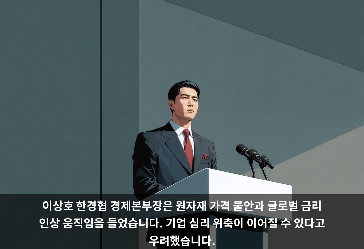 이상호 한경협 경제본부장은 원자재 가격 불안과 글로벌 금리 인상 움직임을 들었습니다. 기업 심리 위축이 이어질 수 있다고 우려했습니다.