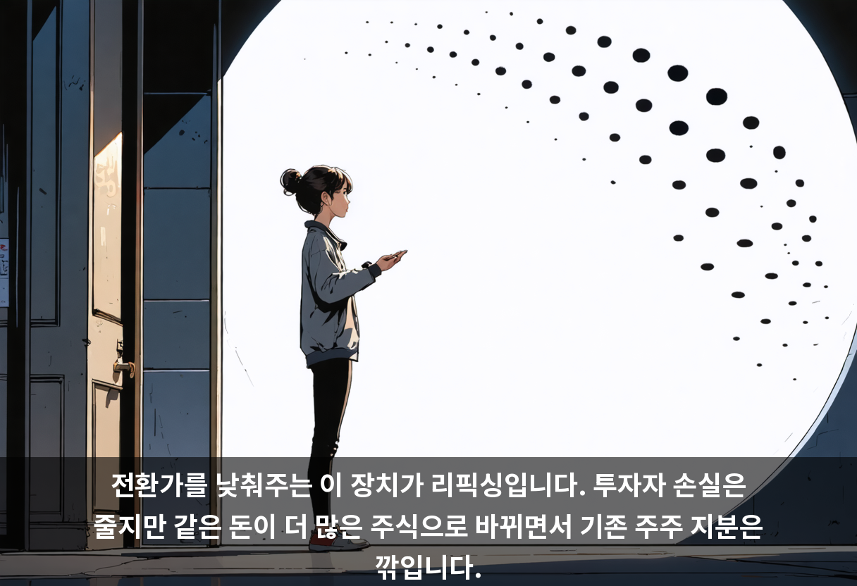 전환가를 낮춰주는 이 장치가 리픽싱입니다. 투자자 손실은 줄지만 같은 돈이 더 많은 주식으로 바뀌면서 기존 주주 지분은 깎입니다.