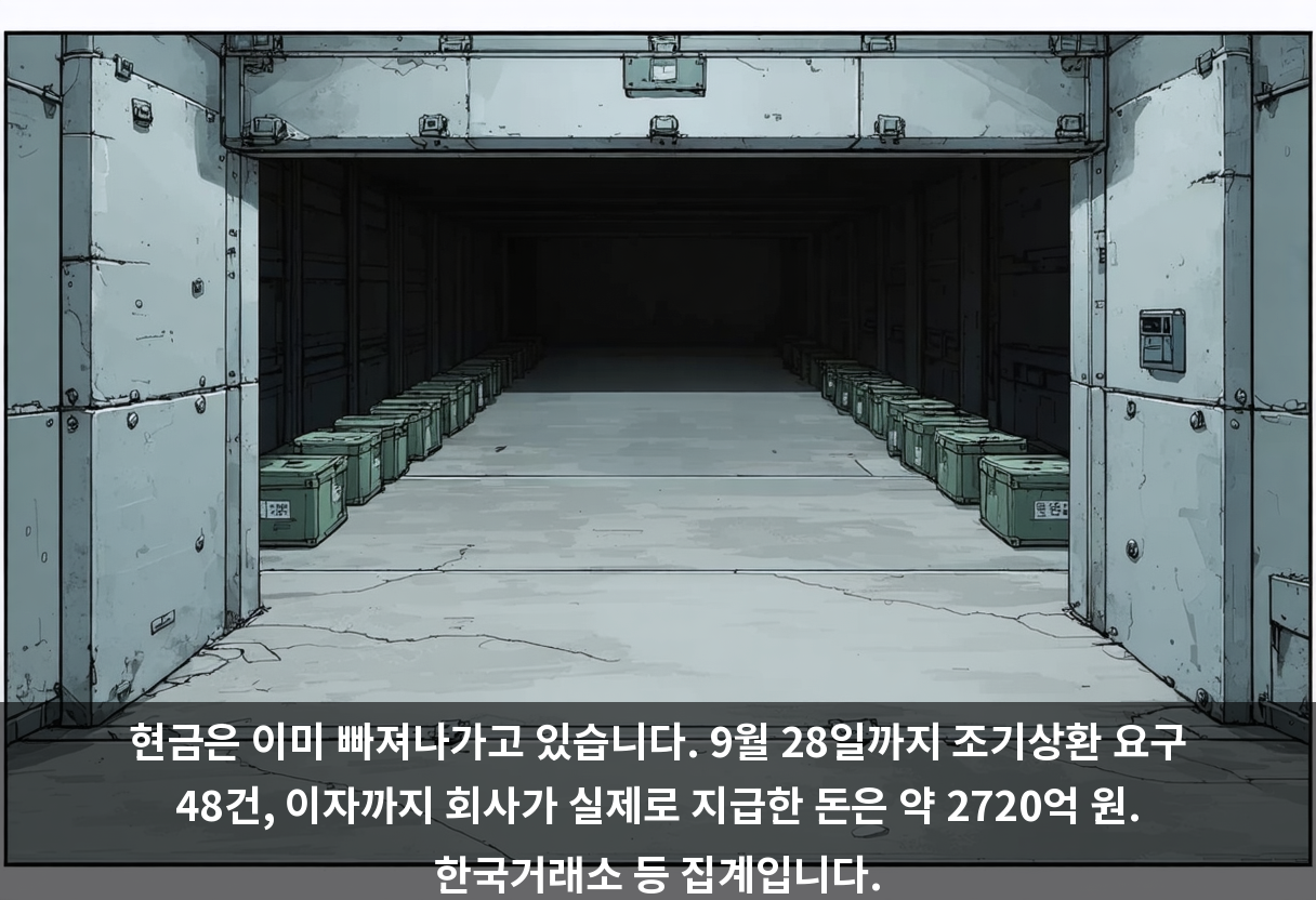 현금은 이미 빠져나가고 있습니다. 9월 28일까지 조기상환 요구 48건, 이자까지 회사가 실제로 지급한 돈은 약 2720억 원. 한국거래소 등 집계입니다.