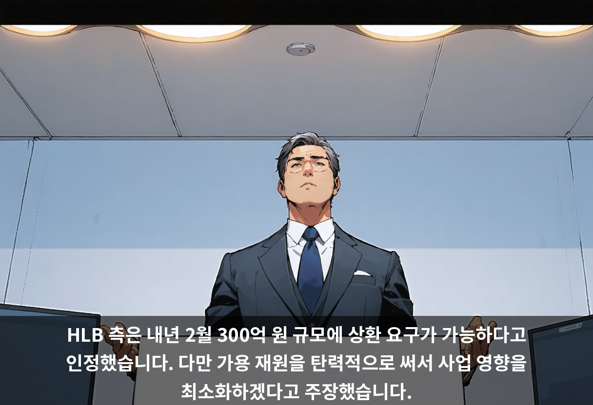 HLB 측은 내년 2월 300억 원 규모에 상환 요구가 가능하다고 인정했습니다. 다만 가용 재원을 탄력적으로 써서 사업 영향을 최소화하겠다고 주장했습니다.