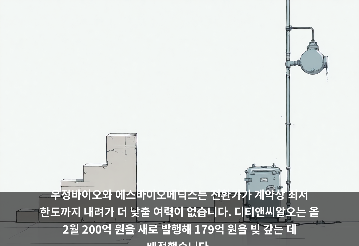 우정바이오와 에스바이오메딕스는 전환가가 계약상 최저 한도까지 내려가 더 낮출 여력이 없습니다. 디티앤씨알오는 올 2월 200억 원을 새로 발행해 179억 원을 빚 갚는 데 배정했습니다.