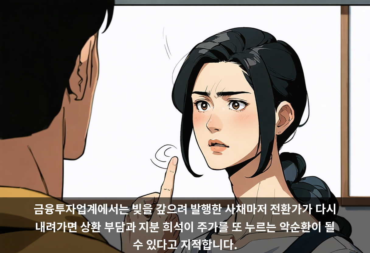 금융투자업계에서는 빚을 갚으려 발행한 사채마저 전환가가 다시 내려가면 상환 부담과 지분 희석이 주가를 또 누르는 악순환이 될 수 있다고 지적합니다.