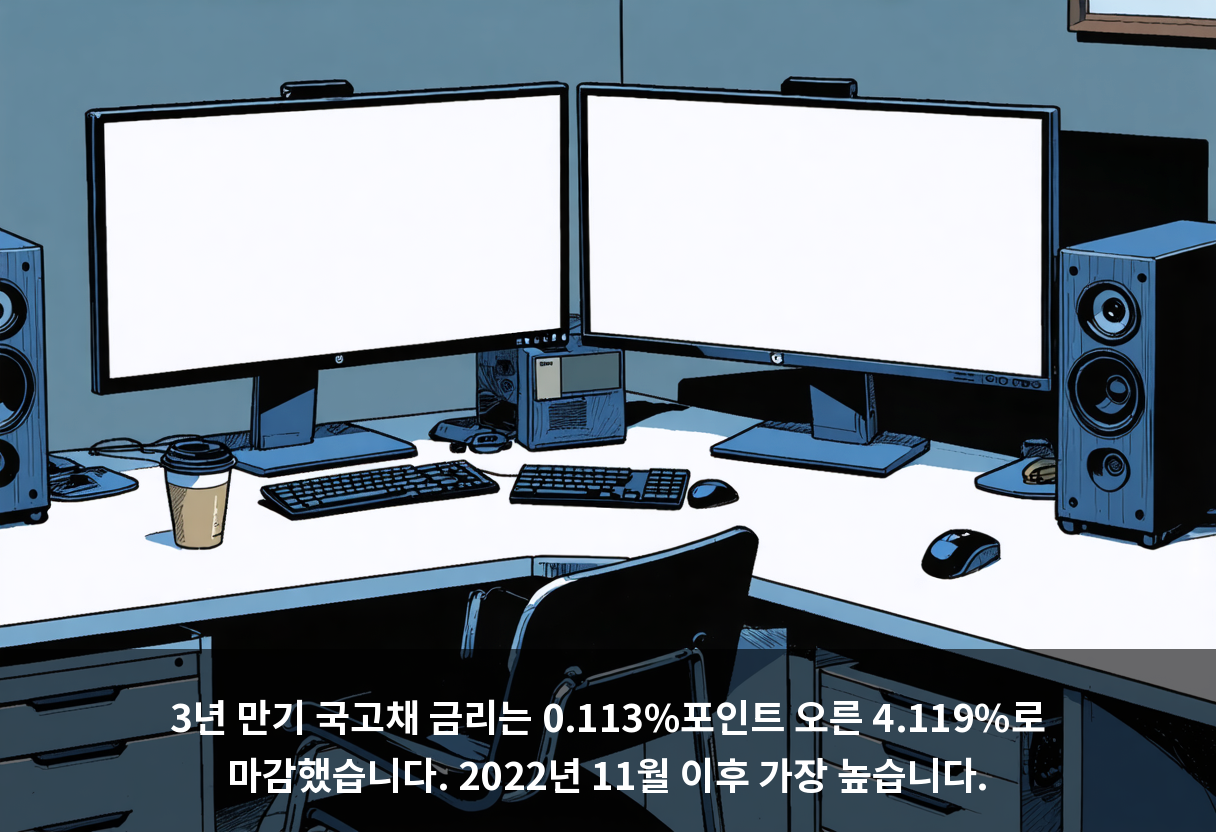 3년 만기 국고채 금리는 0.113%포인트 오른 4.119%로 마감했습니다. 2022년 11월 이후 가장 높습니다.