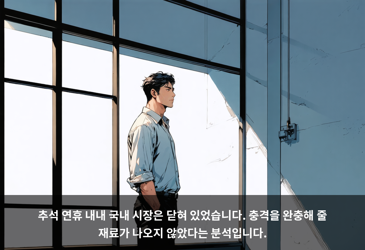 추석 연휴 내내 국내 시장은 닫혀 있었습니다. 충격을 완충해 줄 재료가 나오지 않았다는 분석입니다.