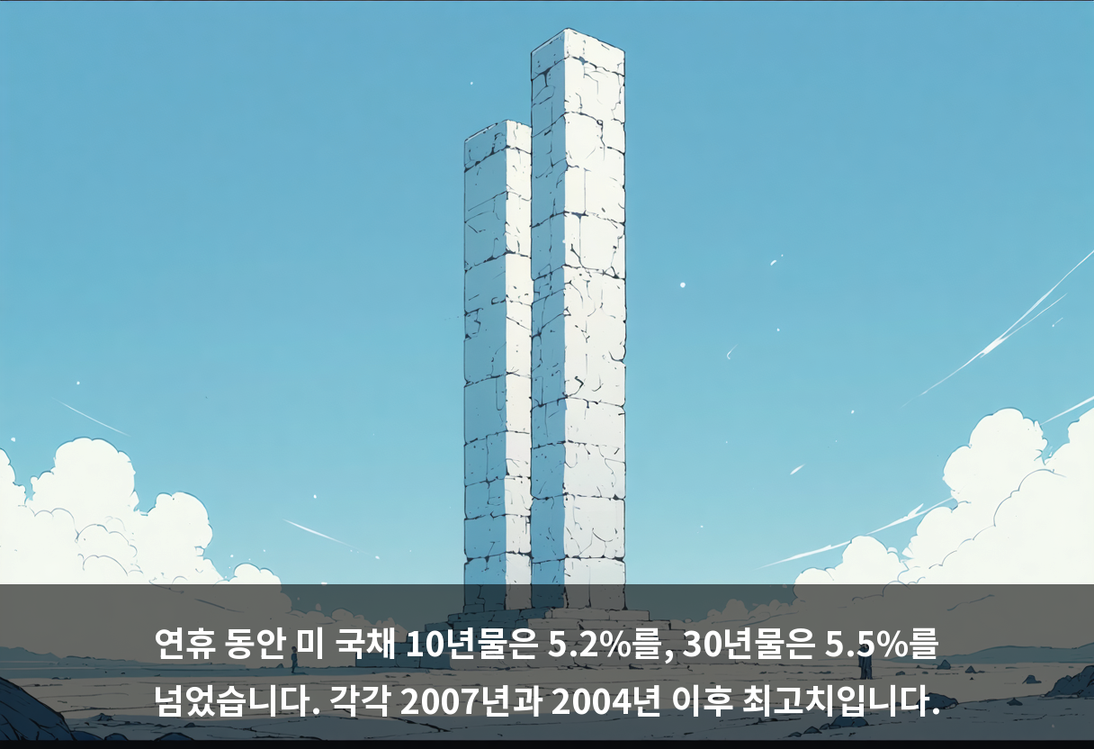 연휴 동안 미 국채 10년물은 5.2%를, 30년물은 5.5%를 넘었습니다. 각각 2007년과 2004년 이후 최고치입니다.