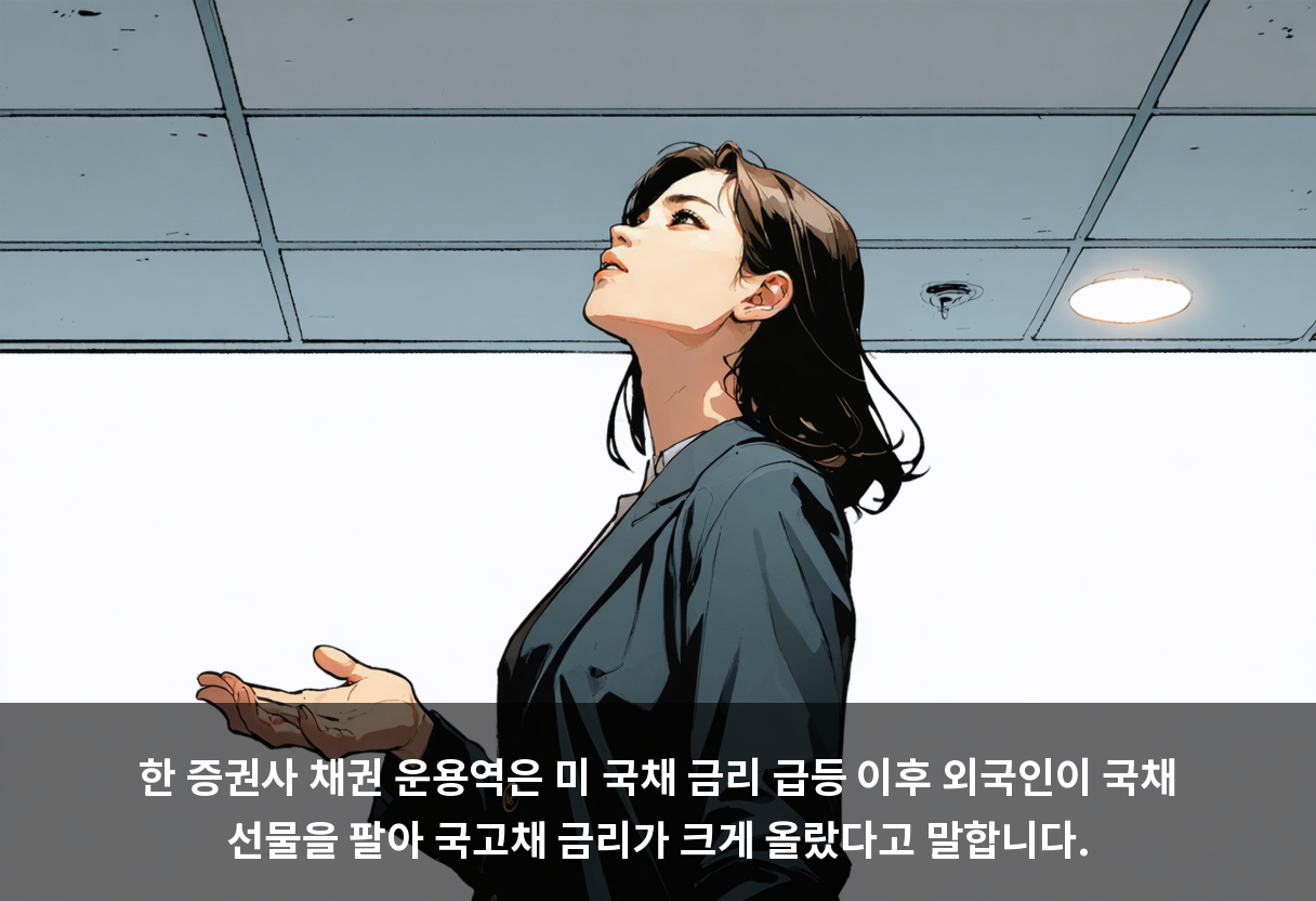 한 증권사 채권 운용역은 미 국채 금리 급등 이후 외국인이 국채 선물을 팔아 국고채 금리가 크게 올랐다고 말합니다.