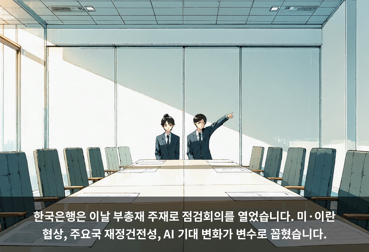 한국은행은 이날 부총재 주재로 점검회의를 열었습니다. 미·이란 협상, 주요국 재정건전성, AI 기대 변화가 변수로 꼽혔습니다.