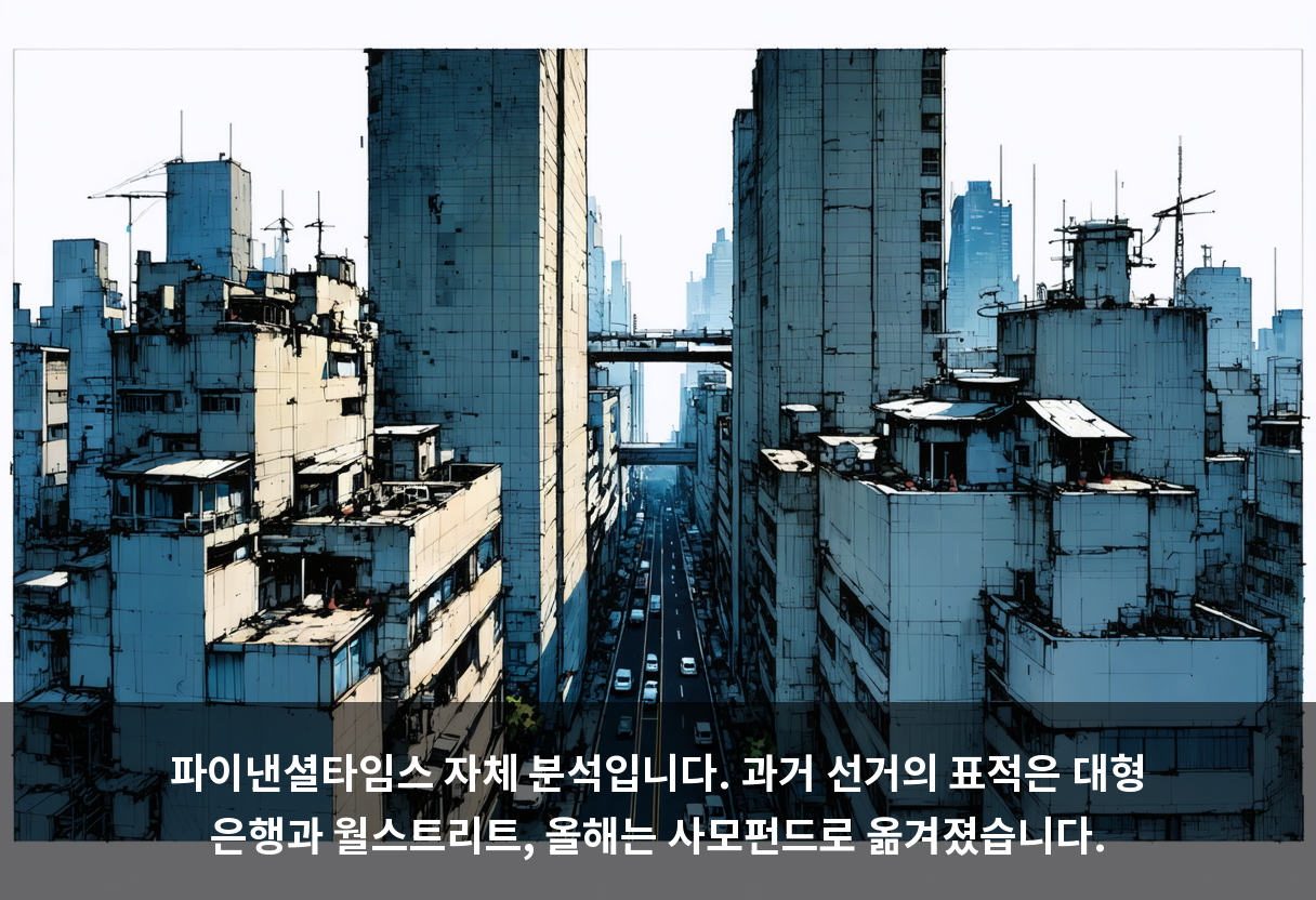 파이낸셜타임스 자체 분석입니다. 과거 선거의 표적은 대형 은행과 월스트리트, 올해는 사모펀드로 옮겨졌습니다.