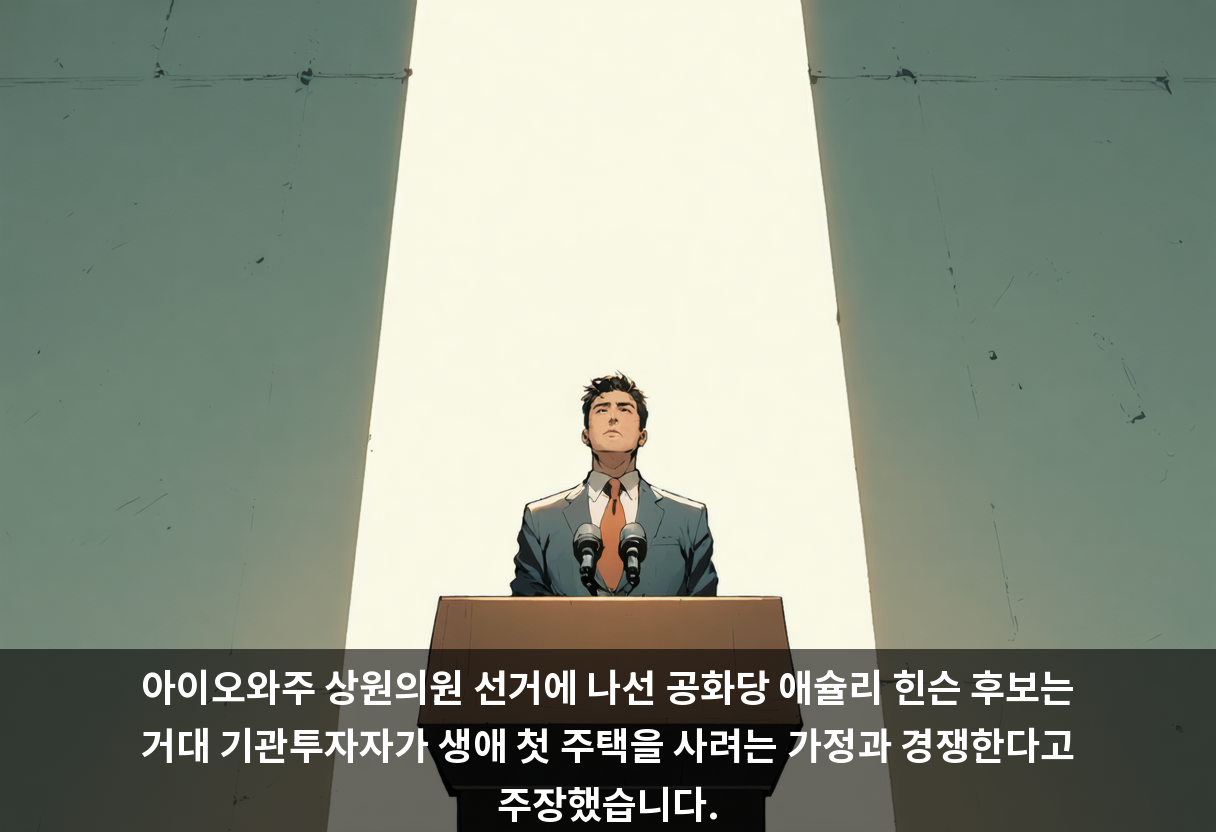 아이오와주 상원의원 선거에 나선 공화당 애슐리 힌슨 후보는 거대 기관투자자가 생애 첫 주택을 사려는 가정과 경쟁한다고 주장했습니다.