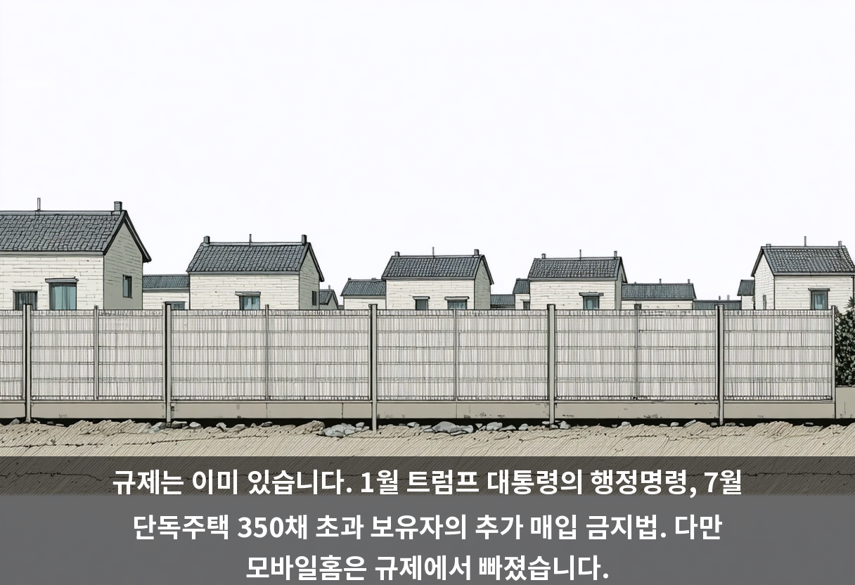 규제는 이미 있습니다. 1월 트럼프 대통령의 행정명령, 7월 단독주택 350채 초과 보유자의 추가 매입 금지법. 다만 모바일홈은 규제에서 빠졌습니다.