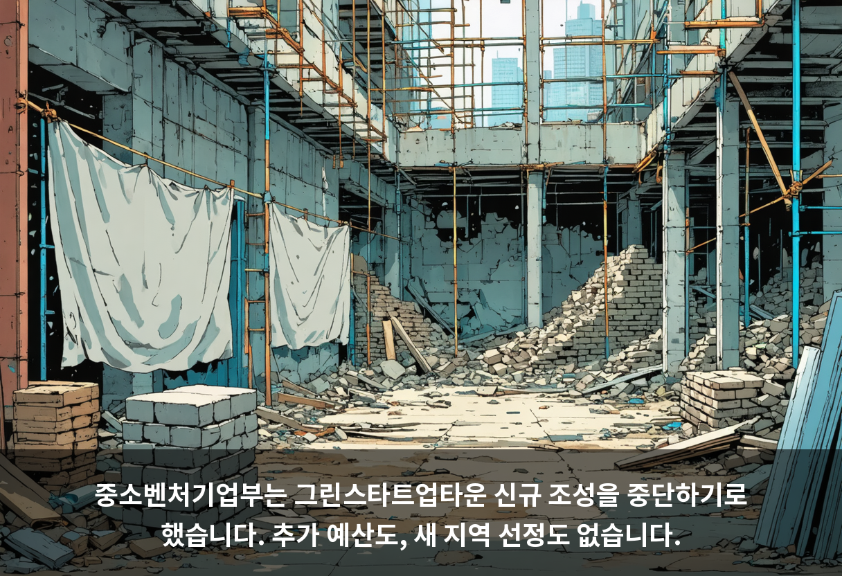 중소벤처기업부는 그린스타트업타운 신규 조성을 중단하기로 했습니다. 추가 예산도, 새 지역 선정도 없습니다.