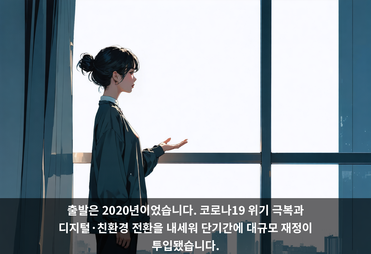 출발은 2020년이었습니다. 코로나19 위기 극복과 디지털·친환경 전환을 내세워 단기간에 대규모 재정이 투입됐습니다.