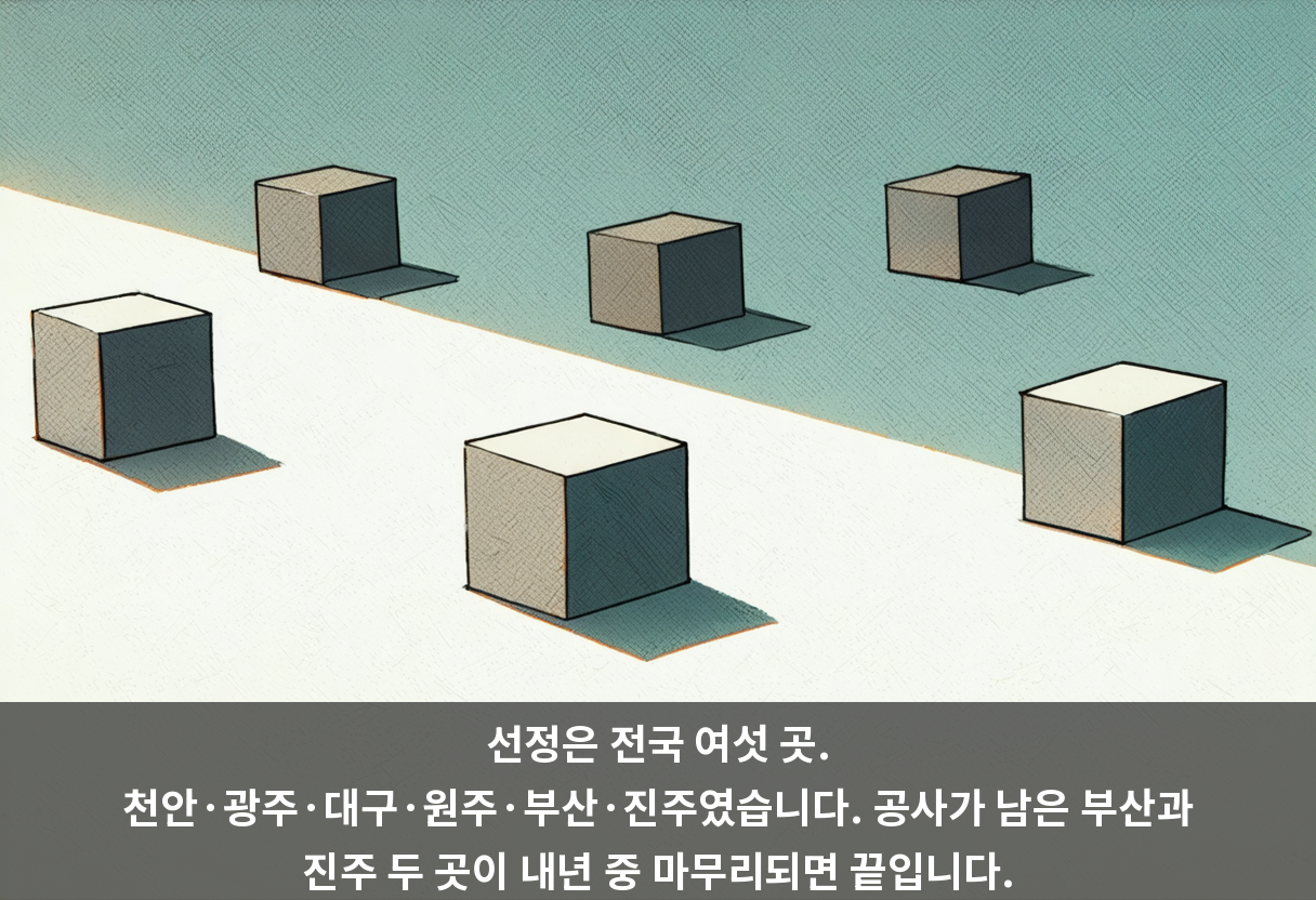 선정은 전국 여섯 곳. 천안·광주·대구·원주·부산·진주였습니다. 공사가 남은 부산과 진주 두 곳이 내년 중 마무리되면 끝입니다.