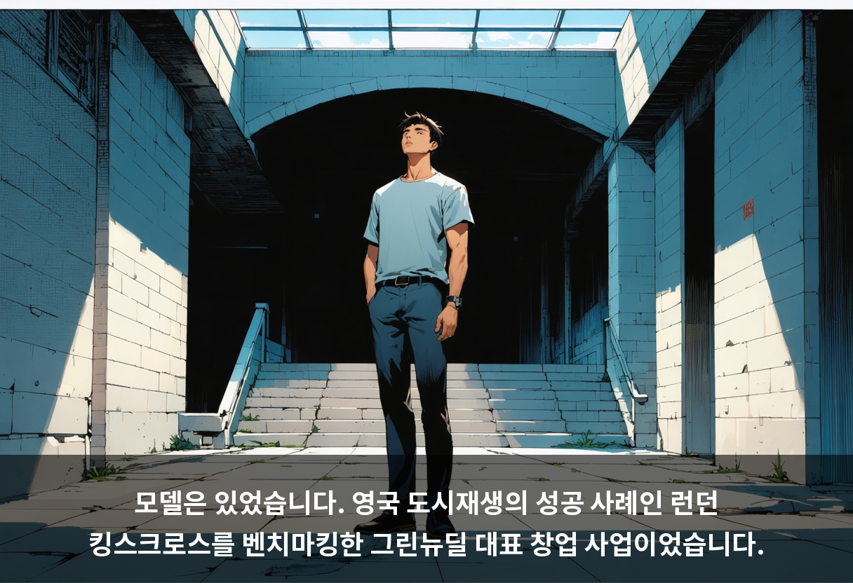 모델은 있었습니다. 영국 도시재생의 성공 사례인 런던 킹스크로스를 벤치마킹한 그린뉴딜 대표 창업 사업이었습니다.