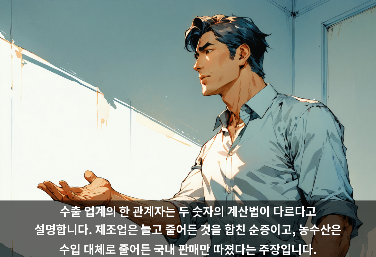 수출 업계의 한 관계자는 두 숫자의 계산법이 다르다고 설명합니다. 제조업은 늘고 줄어든 것을 합친 순증이고, 농수산은 수입 대체로 줄어든 국내 판매만 따졌다는 주장입니다.