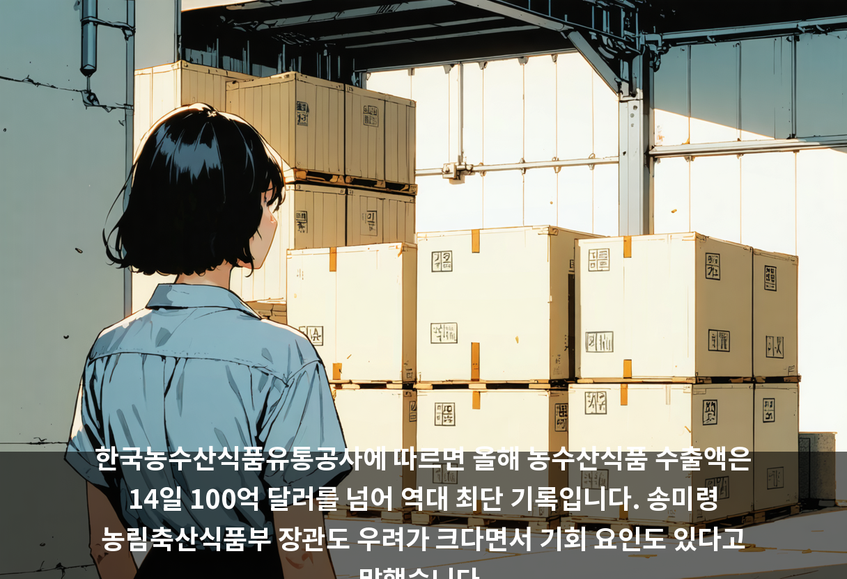 한국농수산식품유통공사에 따르면 올해 농수산식품 수출액은 14일 100억 달러를 넘어 역대 최단 기록입니다. 송미령 농림축산식품부 장관도 우려가 크다면서 기회 요인도 있다고 말했습니다.