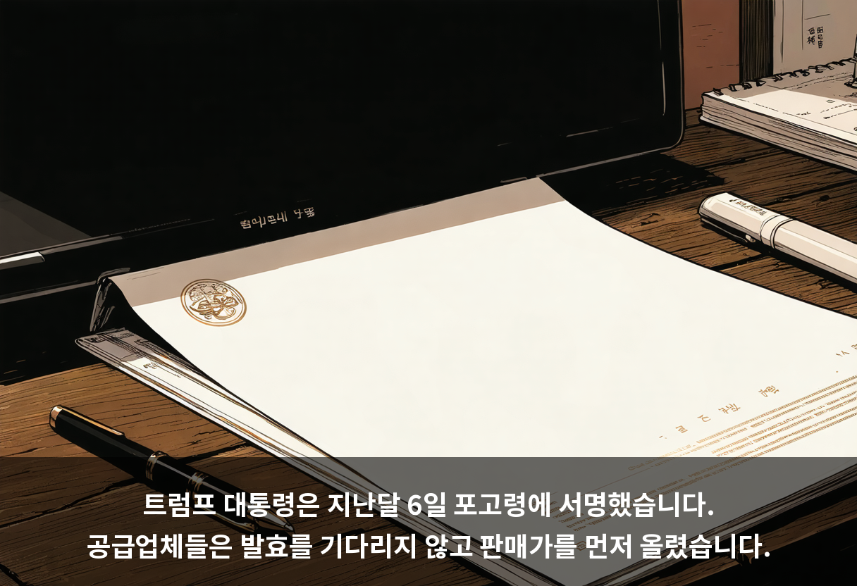 트럼프 대통령은 지난달 6일 포고령에 서명했습니다. 공급업체들은 발효를 기다리지 않고 판매가를 먼저 올렸습니다.