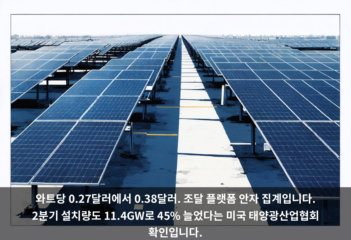 와트당 0.27달러에서 0.38달러. 조달 플랫폼 안자 집계입니다. 2분기 설치량도 11.4GW로 45% 늘었다는 미국 태양광산업협회 확인입니다.
