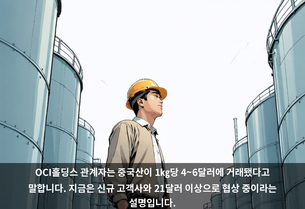 OCI홀딩스 관계자는 중국산이 1㎏당 4~6달러에 거래됐다고 말합니다. 지금은 신규 고객사와 21달러 이상으로 협상 중이라는 설명입니다.