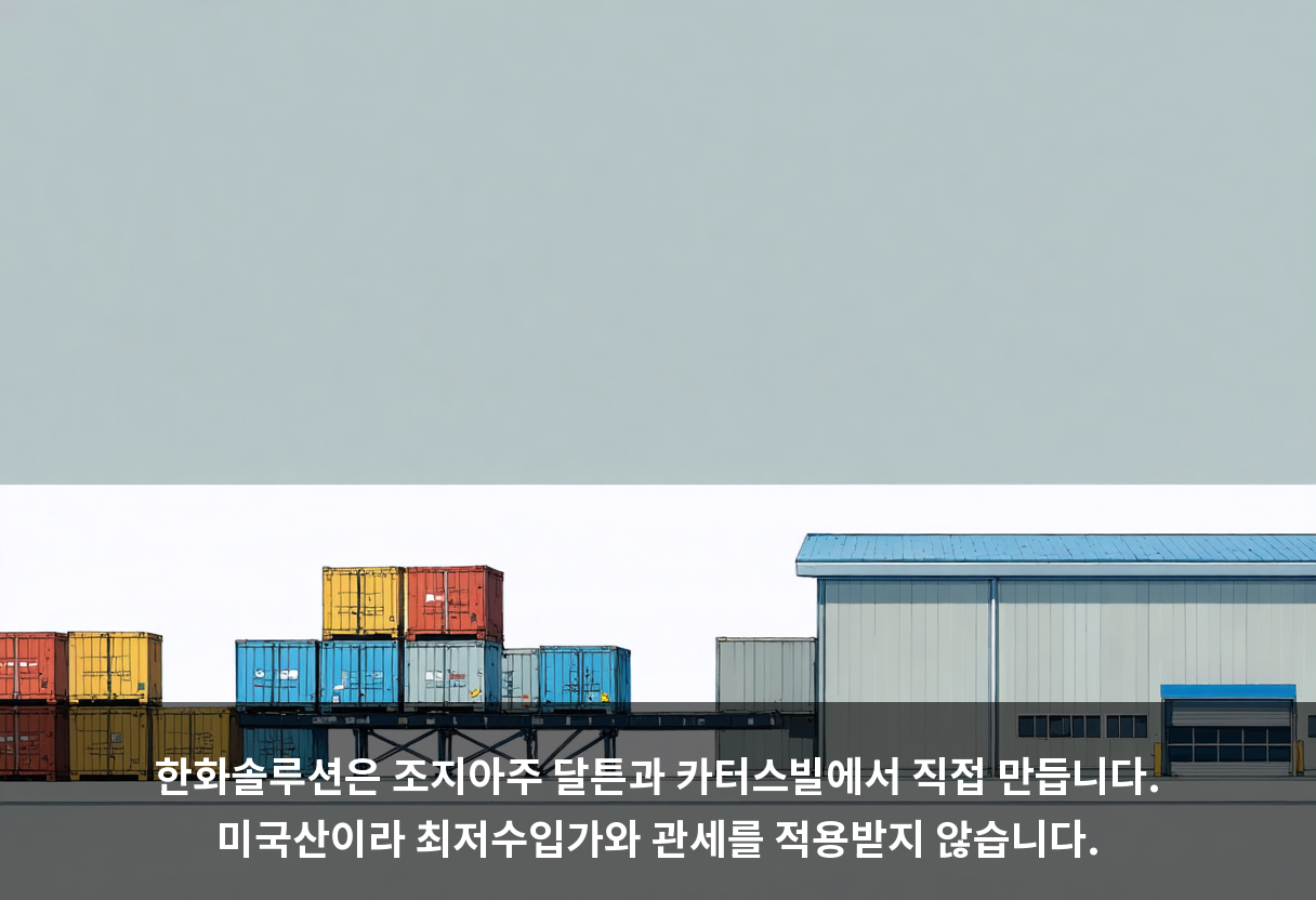 한화솔루션은 조지아주 달튼과 카터스빌에서 직접 만듭니다. 미국산이라 최저수입가와 관세를 적용받지 않습니다.