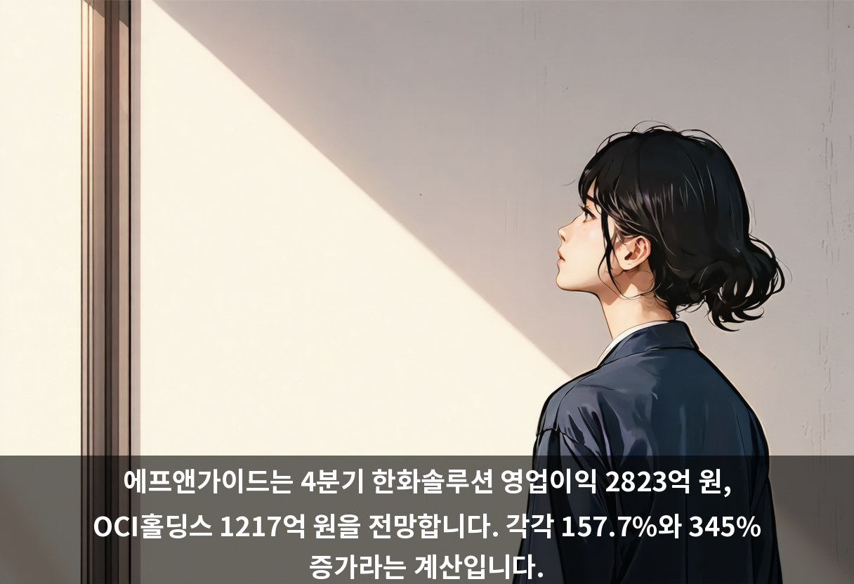 에프앤가이드는 4분기 한화솔루션 영업이익 2823억 원, OCI홀딩스 1217억 원을 전망합니다. 각각 157.7%와 345% 증가라는 계산입니다.