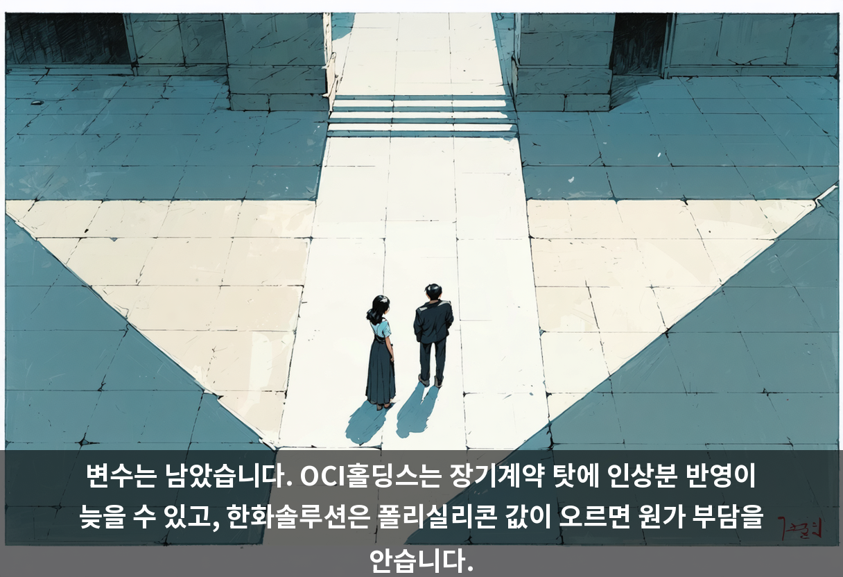 변수는 남았습니다. OCI홀딩스는 장기계약 탓에 인상분 반영이 늦을 수 있고, 한화솔루션은 폴리실리콘 값이 오르면 원가 부담을 안습니다.