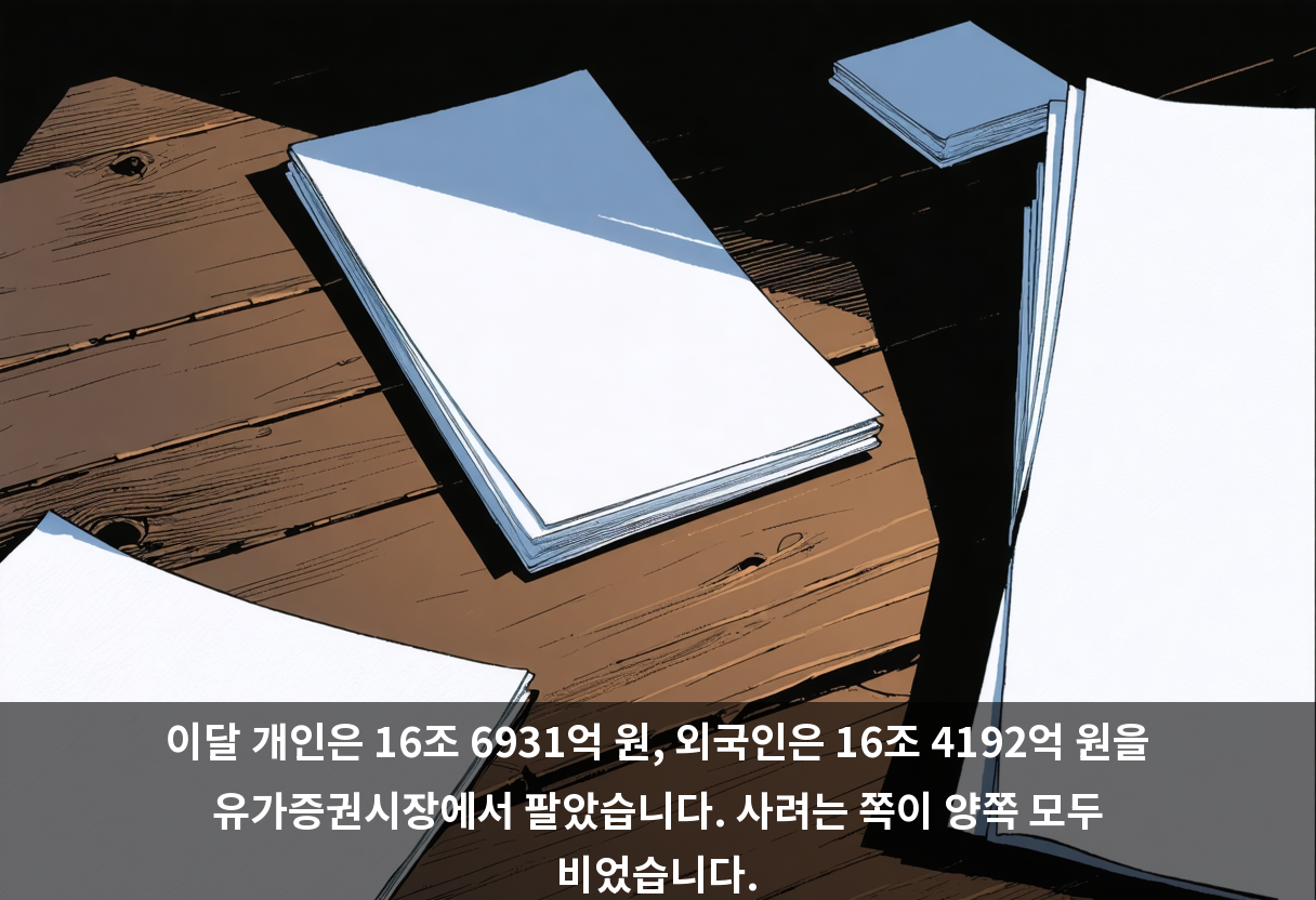 이달 개인은 16조 6931억 원, 외국인은 16조 4192억 원을 유가증권시장에서 팔았습니다. 사려는 쪽이 양쪽 모두 비었습니다.