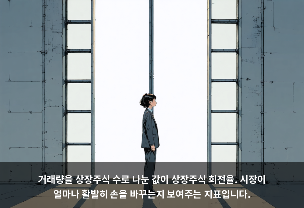 거래량을 상장주식 수로 나눈 값이 상장주식 회전율. 시장이 얼마나 활발히 손을 바꾸는지 보여주는 지표입니다.