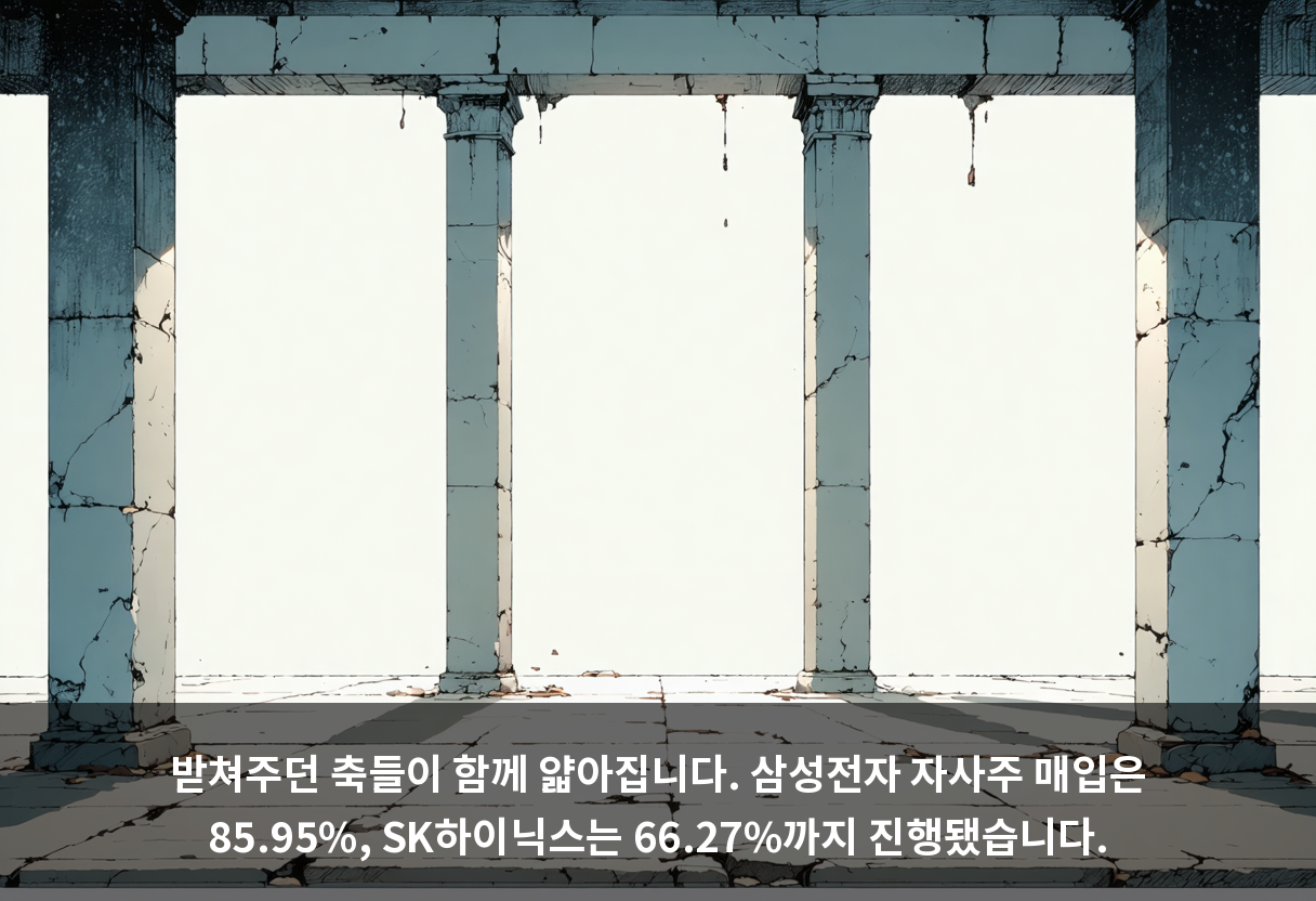받쳐주던 축들이 함께 얇아집니다. 삼성전자 자사주 매입은 85.95%, SK하이닉스는 66.27%까지 진행됐습니다.