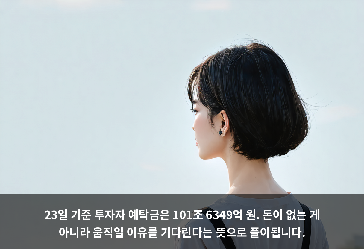 23일 기준 투자자 예탁금은 101조 6349억 원. 돈이 없는 게 아니라 움직일 이유를 기다린다는 뜻으로 풀이됩니다.