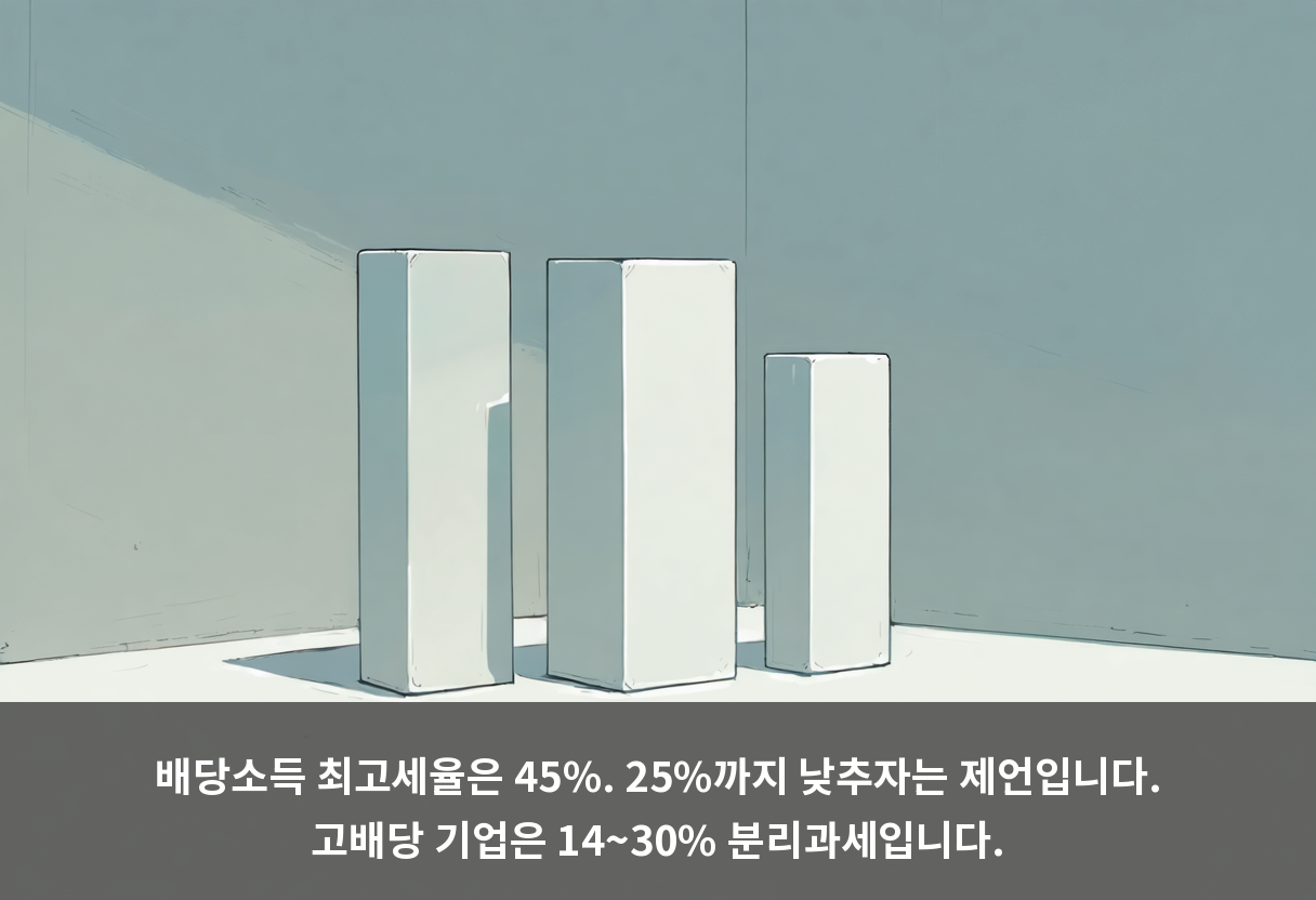 배당소득 최고세율은 45%. 25%까지 낮추자는 제언입니다. 고배당 기업은 14~30% 분리과세입니다.