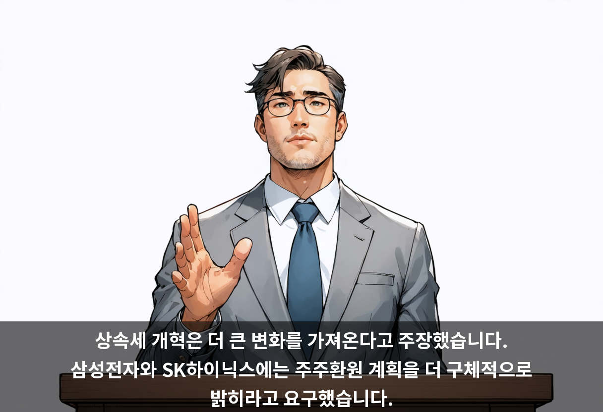 상속세 개혁은 더 큰 변화를 가져온다고 주장했습니다. 삼성전자와 SK하이닉스에는 주주환원 계획을 더 구체적으로 밝히라고 요구했습니다.